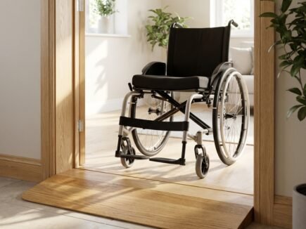 Maßgefertigte Eiche Türschwellenrampe für Rollstuhl und Rollator