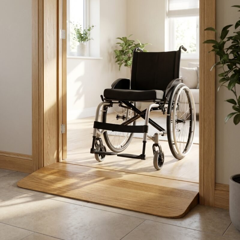 Maßgefertigte Eiche Türschwellenrampe für Rollstuhl und Rollator