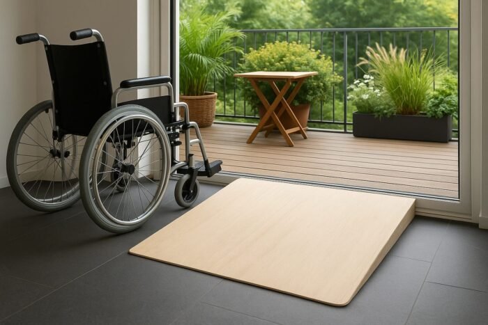 Rollstuhlrampe aus Holz als Stufenrampe vor Haustür - Stufe - Balkon - Terrasse - Gartenhaus - barrierefrei bis 20 cm