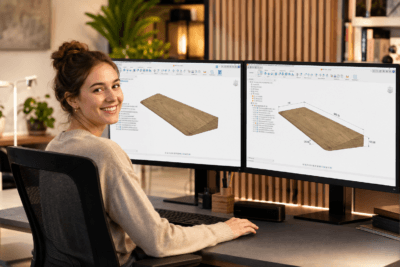 Digitaler Konstruktionsplan für maßgefertigte Holzrampe wird an CNC-Maschine übertragen