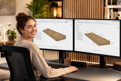 Digitaler Konstruktionsplan für maßgefertigte Holzrampe wird an CNC-Maschine übertragen