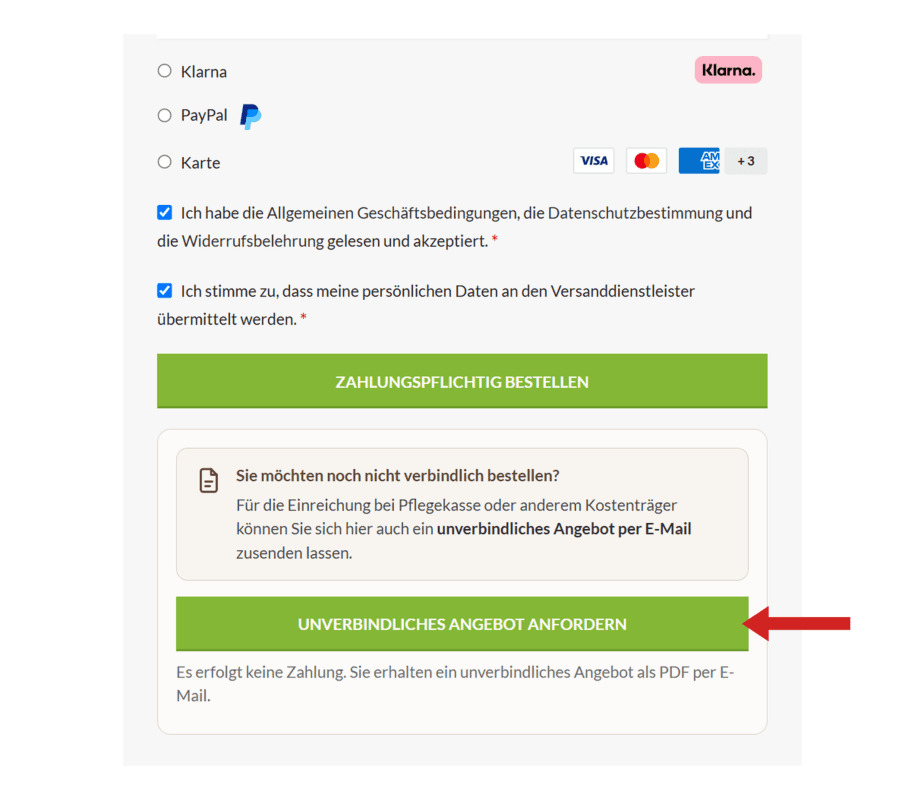 Screenshot der Holzrampen.de Kasse mit hervorgehobenem Button „Unverbindliches Angebot anfordern"